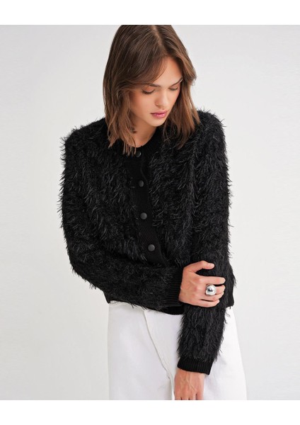 6897 Kadın Uzun Sakallı Bant Detaylı Triko Hırka Siyah indirimleri