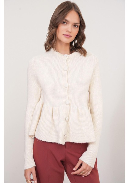 6958 Kadın Triko Peplum Hırka Naturel