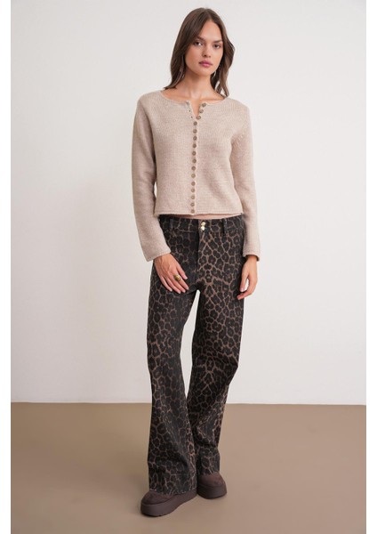 6957 Kadın Düğmeli Bisiklet Yaka Triko Hırka Bej fiyatları