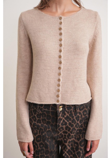 6957 Kadın Düğmeli Bisiklet Yaka Triko Hırka Bej indirimleri