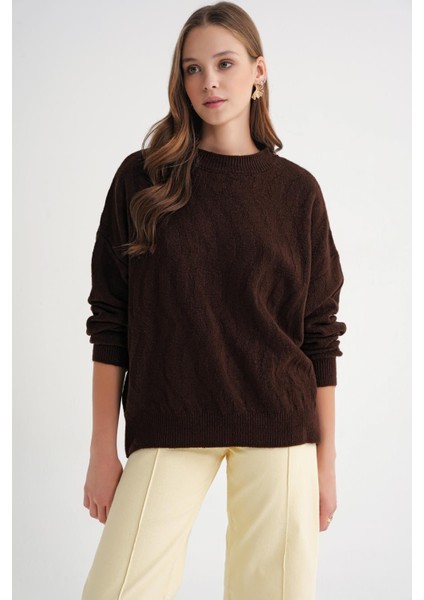 6947 Kadın Kendinden Desenli Oversize Triko Kazak Kahve modelleri