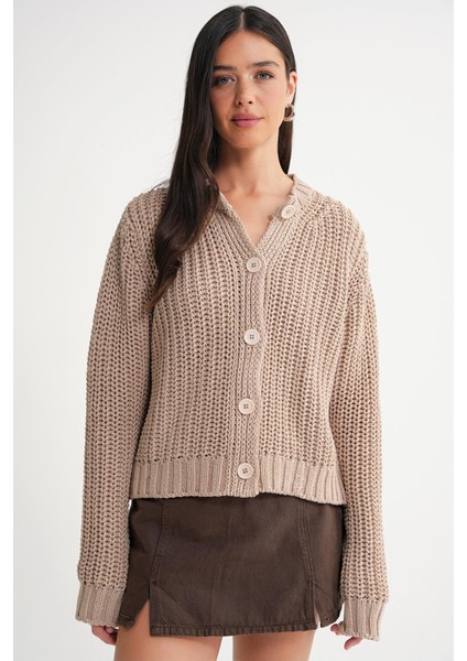 6936 Kadın Selanik Düğmeli Regular Fit Triko Hırka Camel