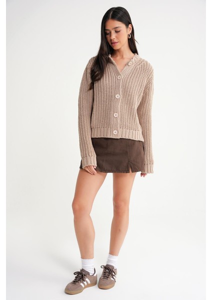 6936 Kadın Selanik Düğmeli Regular Fit Triko Hırka Camel fiyatları