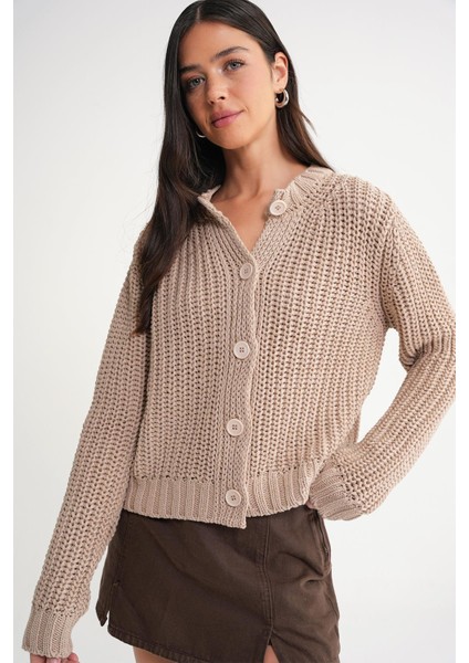 6936 Kadın Selanik Düğmeli Regular Fit Triko Hırka Camel fırsatları