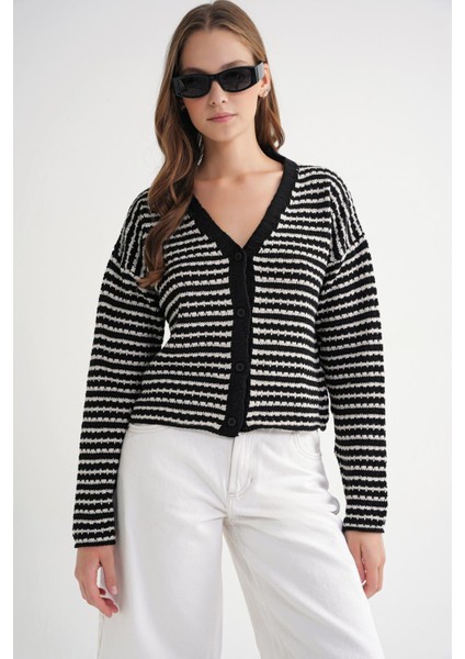 6948 Kadın V Yaka Ince Çizgili Triko Hırka Siyah