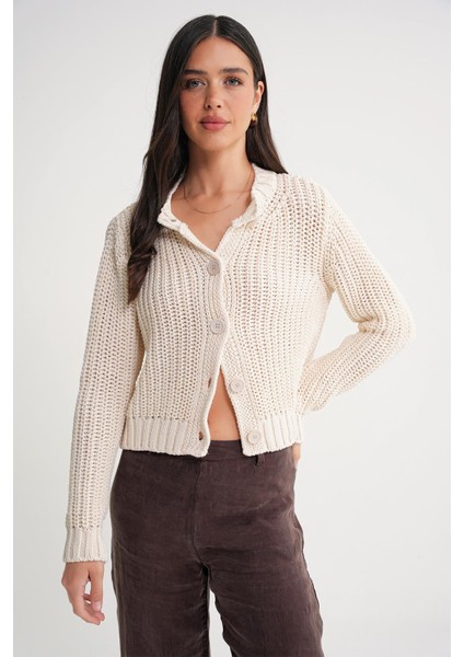 6936 Kadın Selanik Düğmeli Regular Fit Triko Hırka Naturel