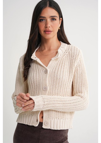 6936 Kadın Selanik Düğmeli Regular Fit Triko Hırka Naturel modelleri