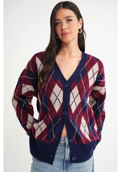 6937 Kadın Baklava Desenli Oversize Triko Hırka Lacivert