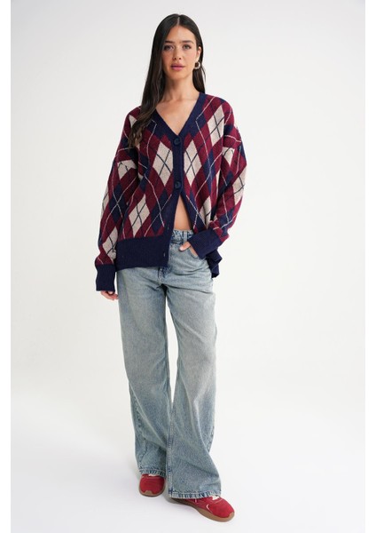 6937 Kadın Baklava Desenli Oversize Triko Hırka Lacivert fiyatları