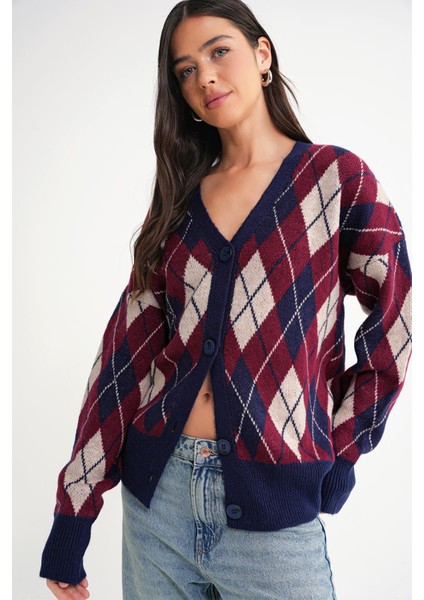 6937 Kadın Baklava Desenli Oversize Triko Hırka Lacivert modelleri