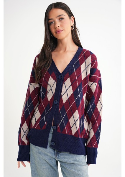 6937 Kadın Baklava Desenli Oversize Triko Hırka Lacivert fırsatları