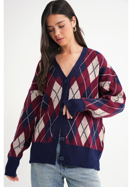 6937 Kadın Baklava Desenli Oversize Triko Hırka Lacivert indirimleri