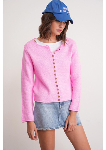 6957 Kadın Düğmeli Bisiklet Yaka Triko Hırka Pembe
