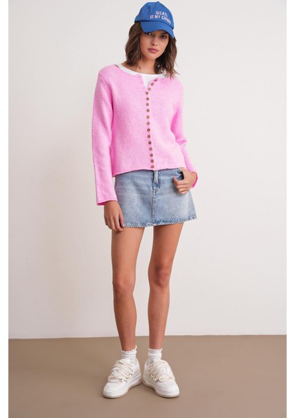 6957 Kadın Düğmeli Bisiklet Yaka Triko Hırka Pembe fiyatları