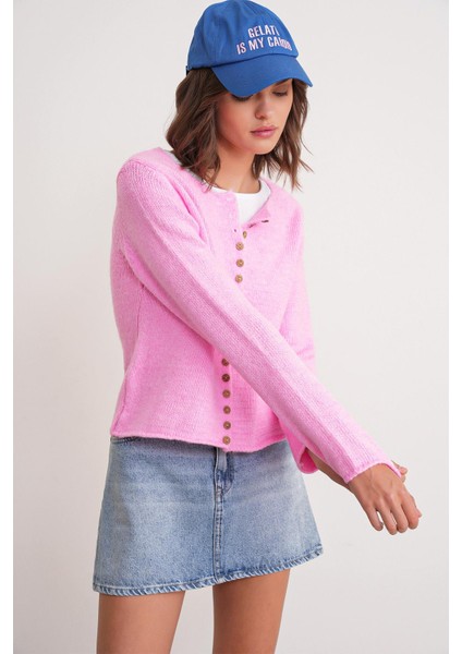 6957 Kadın Düğmeli Bisiklet Yaka Triko Hırka Pembe modelleri