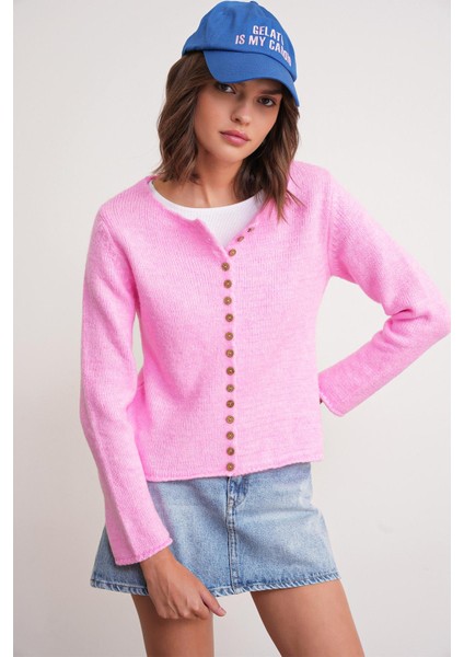 6957 Kadın Düğmeli Bisiklet Yaka Triko Hırka Pembe fırsatları