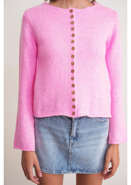 6957 Kadın Düğmeli Bisiklet Yaka Triko Hırka Pembe indirimleri