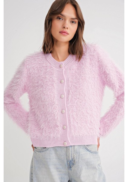 6897 Kadın Uzun Sakallı Bant Detaylı Triko Hırka Pembe fiyatları