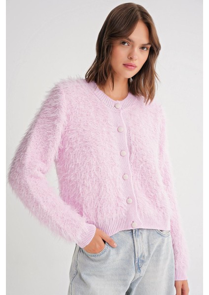 6897 Kadın Uzun Sakallı Bant Detaylı Triko Hırka Pembe modelleri