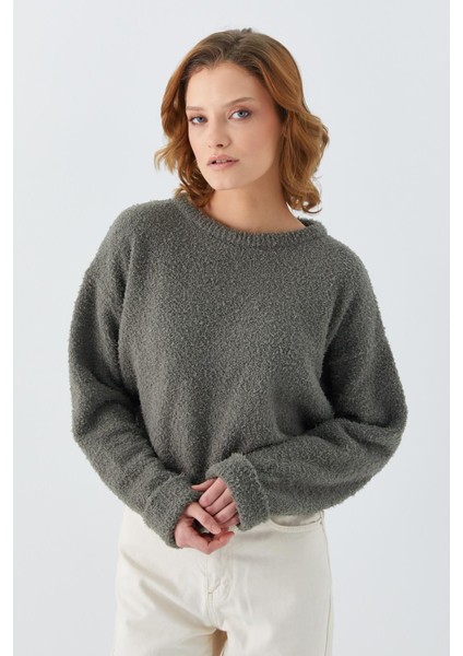 6917 Kadın Buklet Basic Triko Kazak Haki