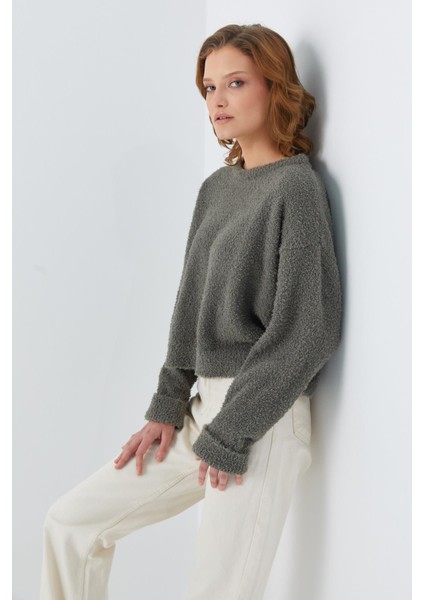 6917 Kadın Buklet Basic Triko Kazak Haki modelleri