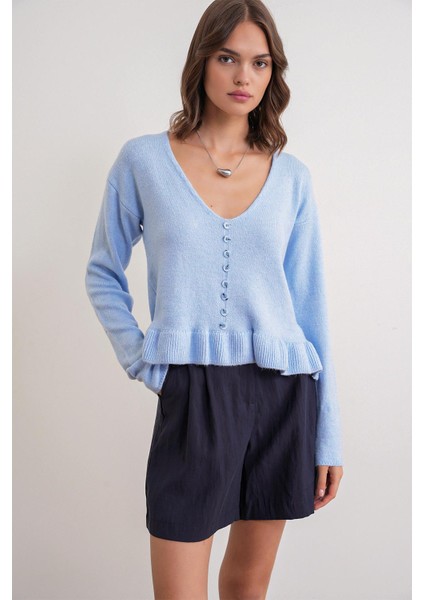 6954 Kadın Fırfır Detaylı V Yaka Triko Kazak Bebe Mavi