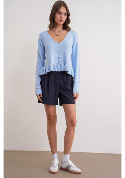 6954 Kadın Fırfır Detaylı V Yaka Triko Kazak Bebe Mavi fiyatları