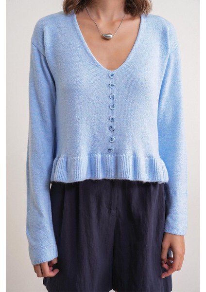 6954 Kadın Fırfır Detaylı V Yaka Triko Kazak Bebe Mavi fırsatları