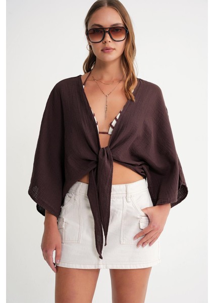 4723 Kadın Önü Bağlamalı Bolero Bluz Kahve