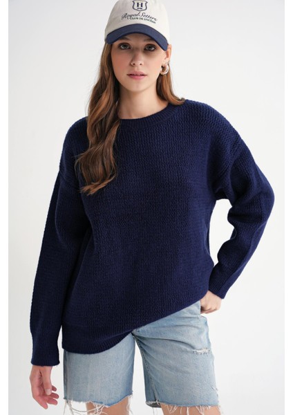 6949 Kadın Bisiklet Yaka Ince Örgülü Triko Kazak Lacivert