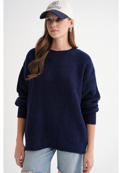 6949 Kadın Bisiklet Yaka Ince Örgülü Triko Kazak Lacivert modelleri