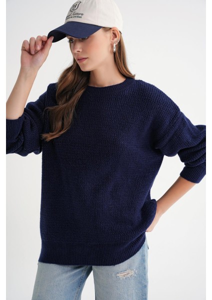 6949 Kadın Bisiklet Yaka Ince Örgülü Triko Kazak Lacivert fırsatları