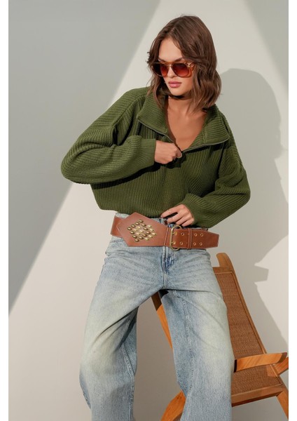 6752 Kadın Crop Fermuarlı Kazak Haki fiyatları