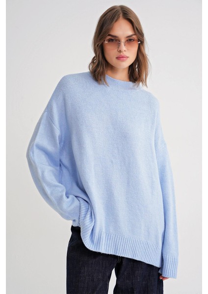 6913 Kadın Salaş Yumuşak Dokulu Oversize Triko Kazak Bebe Mavi