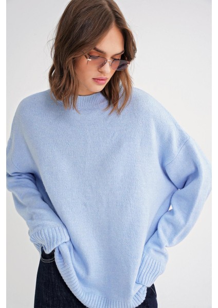 6913 Kadın Salaş Yumuşak Dokulu Oversize Triko Kazak Bebe Mavi fiyatları