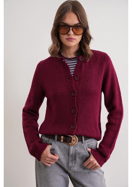 6951 Kadın Bisiklet Yaka Düğmeli Triko Kısa Hırka Bordo