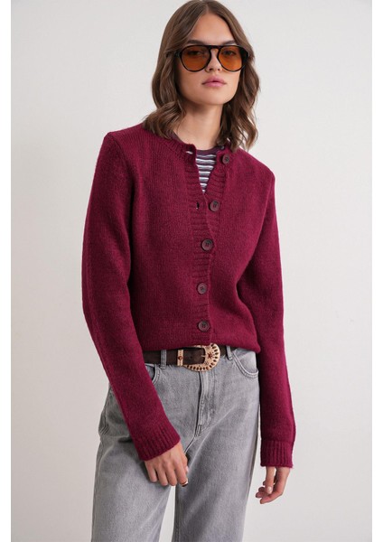 6951 Kadın Bisiklet Yaka Düğmeli Triko Kısa Hırka Bordo modelleri