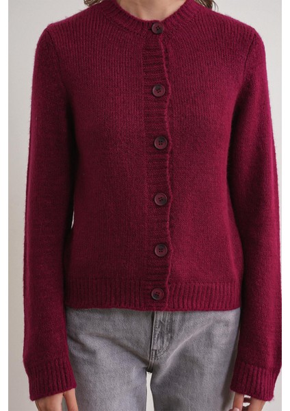 6951 Kadın Bisiklet Yaka Düğmeli Triko Kısa Hırka Bordo fırsatları