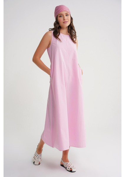 4690 Kadın Bisiklet Yaka Sıfır Kol Midi Paraşüt Elbise Pembe