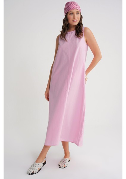 4690 Kadın Bisiklet Yaka Sıfır Kol Midi Paraşüt Elbise Pembe modelleri