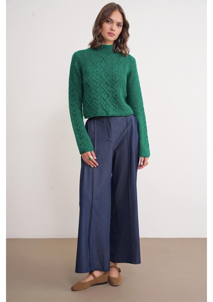 6855 Kadın Dik Yaka Saç Örgülü Triko Kazak Yeşil fiyatları