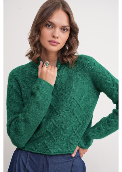 6855 Kadın Dik Yaka Saç Örgülü Triko Kazak Yeşil modelleri