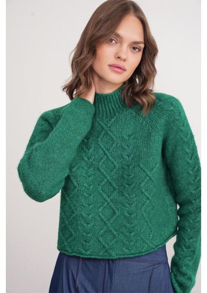 6855 Kadın Dik Yaka Saç Örgülü Triko Kazak Yeşil fırsatları