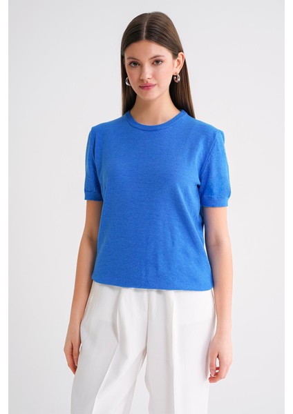 6935 Kadın Basic Triko Kısa Kollu Kazak Mavi