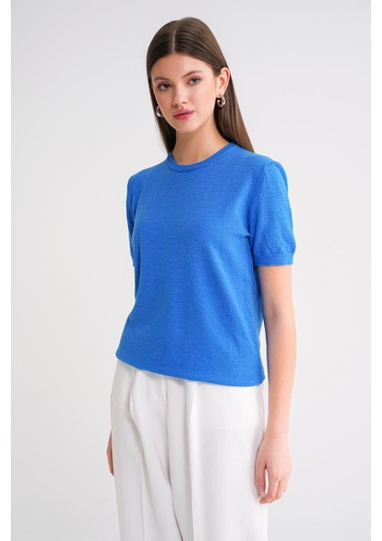 6935 Kadın Basic Triko Kısa Kollu Kazak Mavi fiyatları