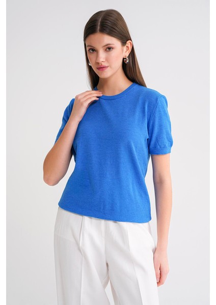 6935 Kadın Basic Triko Kısa Kollu Kazak Mavi modelleri