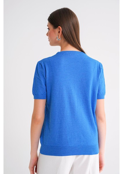 6935 Kadın Basic Triko Kısa Kollu Kazak Mavi indirimleri