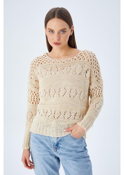6859 Kadın Kayık Yaka Ajurlu Mevsimlik Triko Kazak Bej