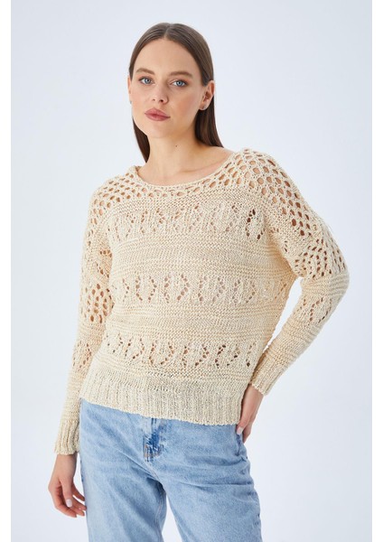 6859 Kadın Kayık Yaka Ajurlu Mevsimlik Triko Kazak Bej modelleri