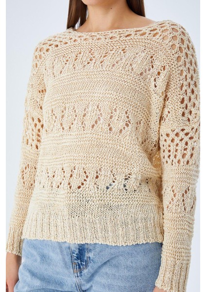 6859 Kadın Kayık Yaka Ajurlu Mevsimlik Triko Kazak Bej fırsatları